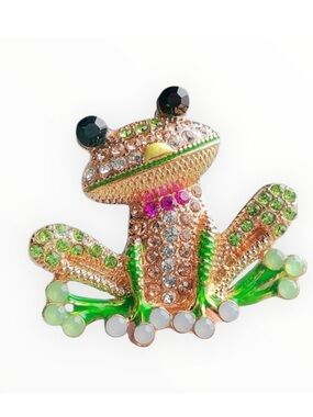 NWT Sparkly Rhinestone Frog Brooch Pin - Green & Gold Crystal Whimsical Jewelry